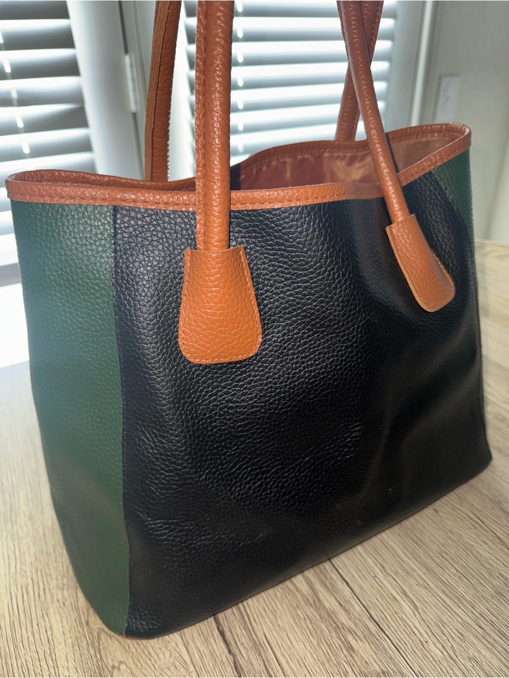 Neiman Marcus Black & Green Leather Tote with Tan Trim